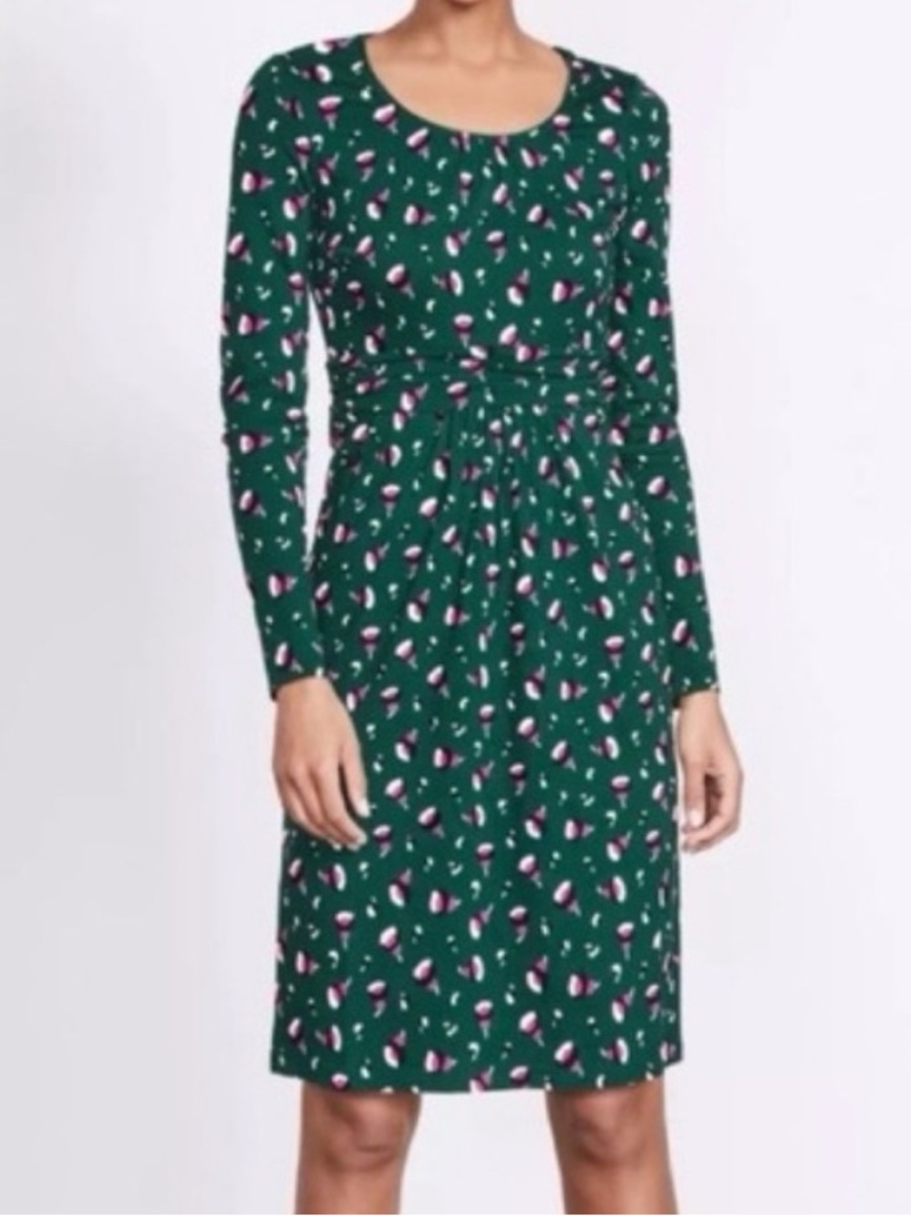 Boden Green Midi Dress with Pink and White Dot Print